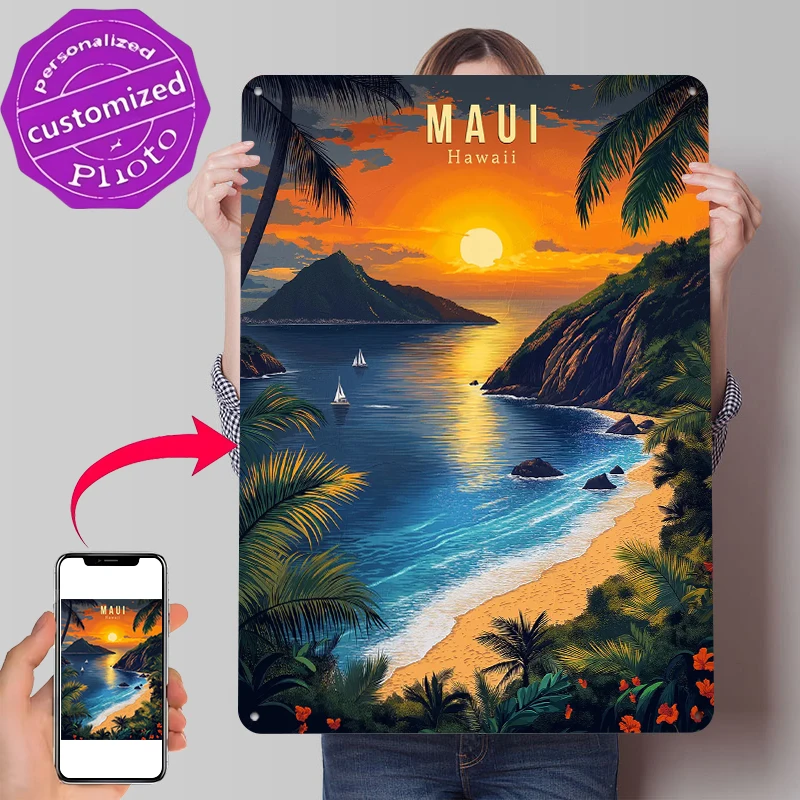 Maui Sunset Hawaii Travel Metal Poster Customized Wall Art Retro Vintage Metal Signs for Man Cave Home and Decoration Room Decor