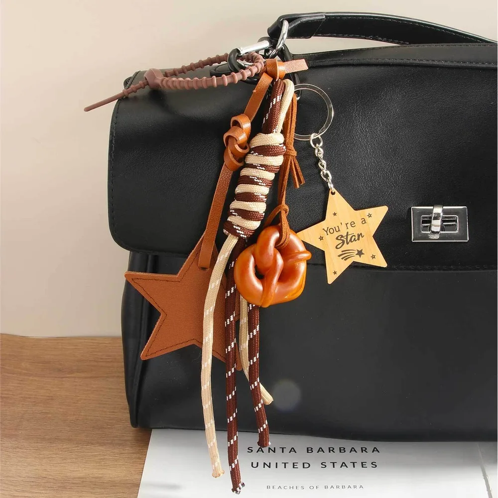 Bag Charm Keychain Brown Star Pretzel Braided Rope Layered Accessory For Handbags Purses Everyday Bag Decoration Gift For Women