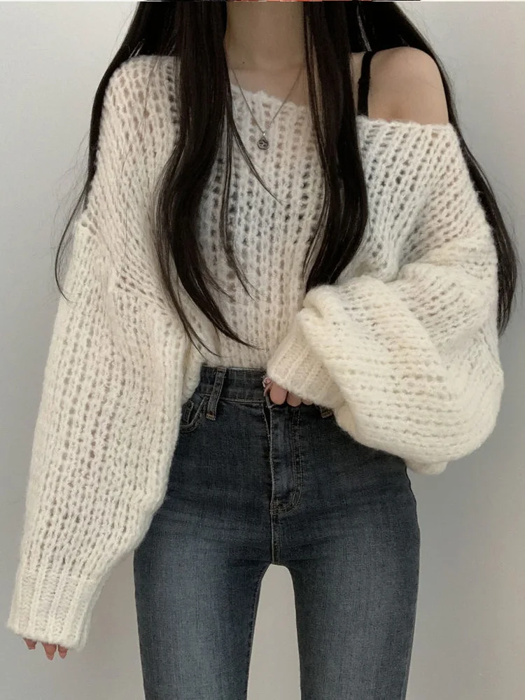 

New Fashion Hollow Out Pullovers Knitted Sweater Women Casual Loose Lantern Sleeve O Neck Sweaters Autumn Winter Knitted Clothes
