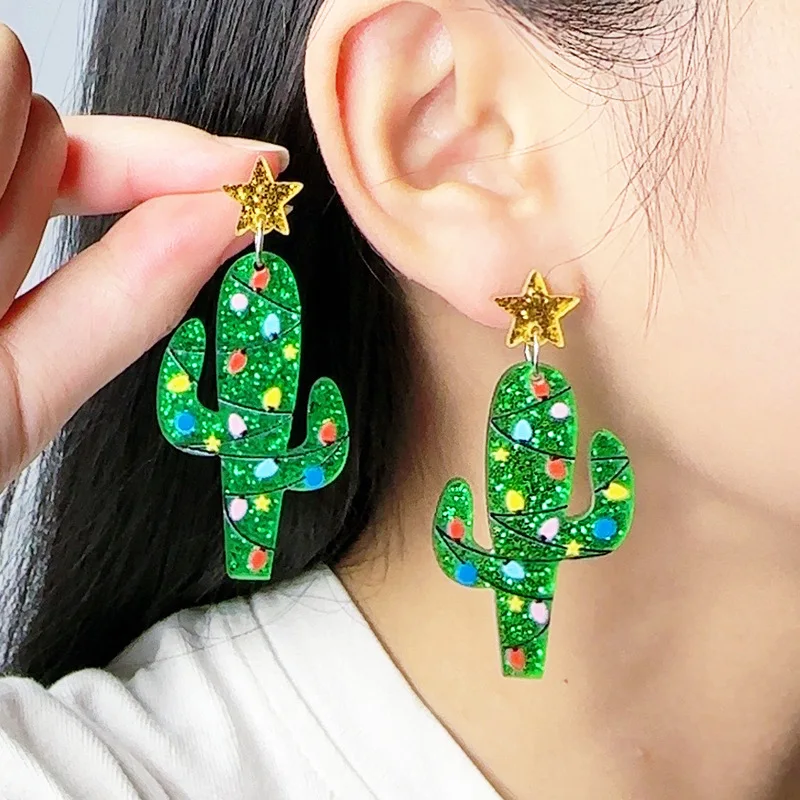 Hot Christmas Stud Earrings Earrings Colored Lights Cactus Christmas Tree Earrings Fashion Christmas Hat Alpaca Earrings Gift