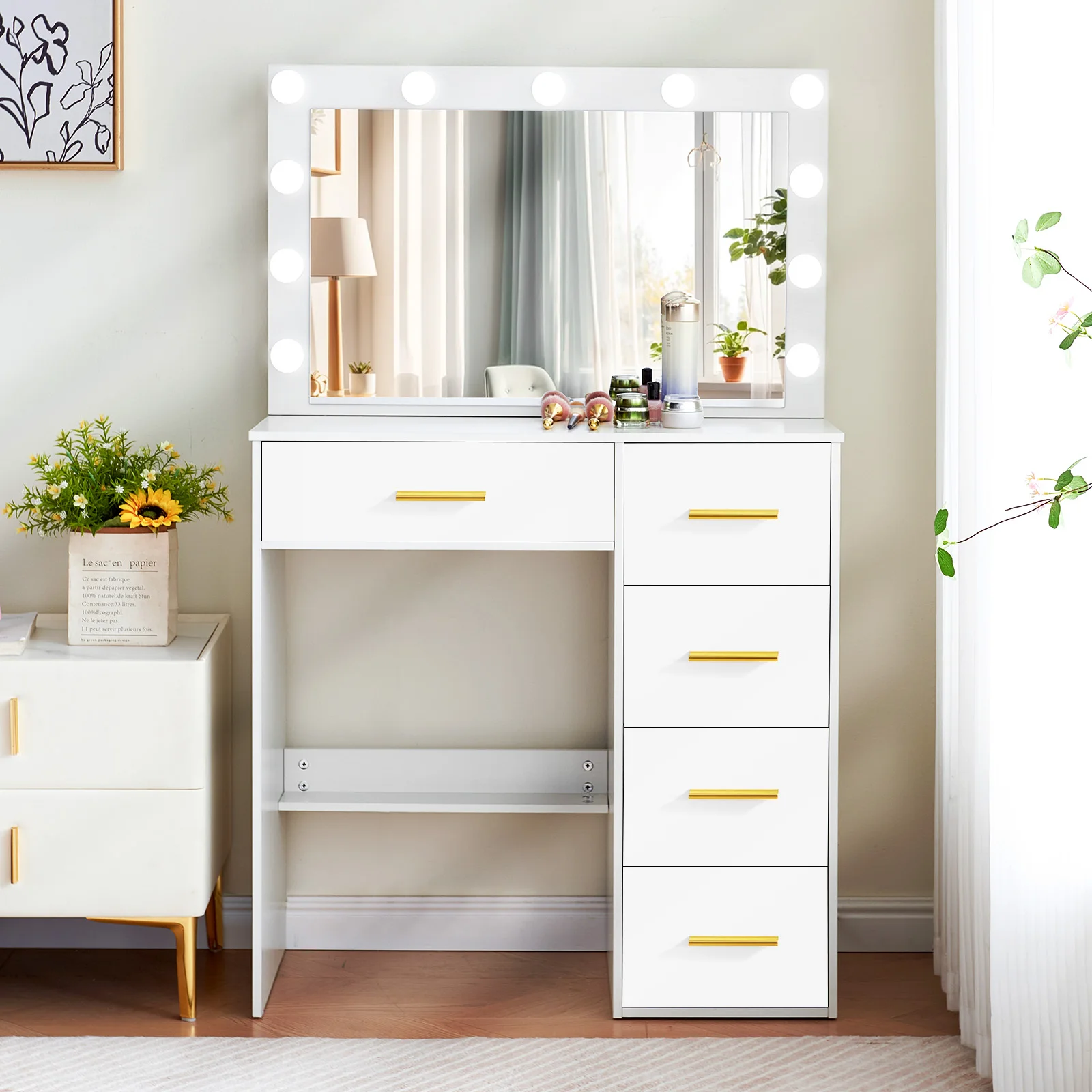 【صفقات 11.11، عروض الجمعة السوداء 2025】مكتب تزيين طاولة مكياج جديد مع مرآة مضاءة و11 درج لمبة LED