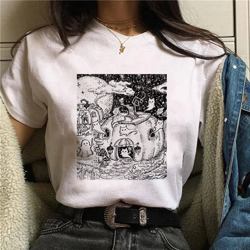 T-shirt Top Short Sleeve Fashion Cute Retro 90s Fashion O-Neck Women's Halloween Pattern T-shirt Summer Clothing Printing T-shir