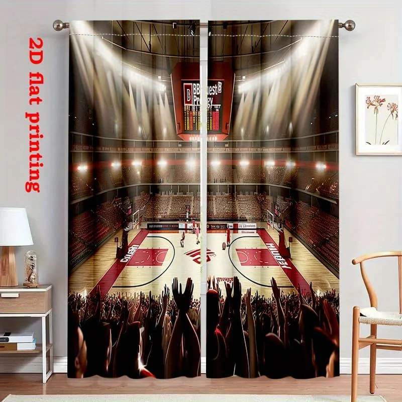 Basketball Court Curtain, Indoor Stadium Crowd Print Drape, Sports Arena Scenery Window Treatment for Living Room Bedroom Home