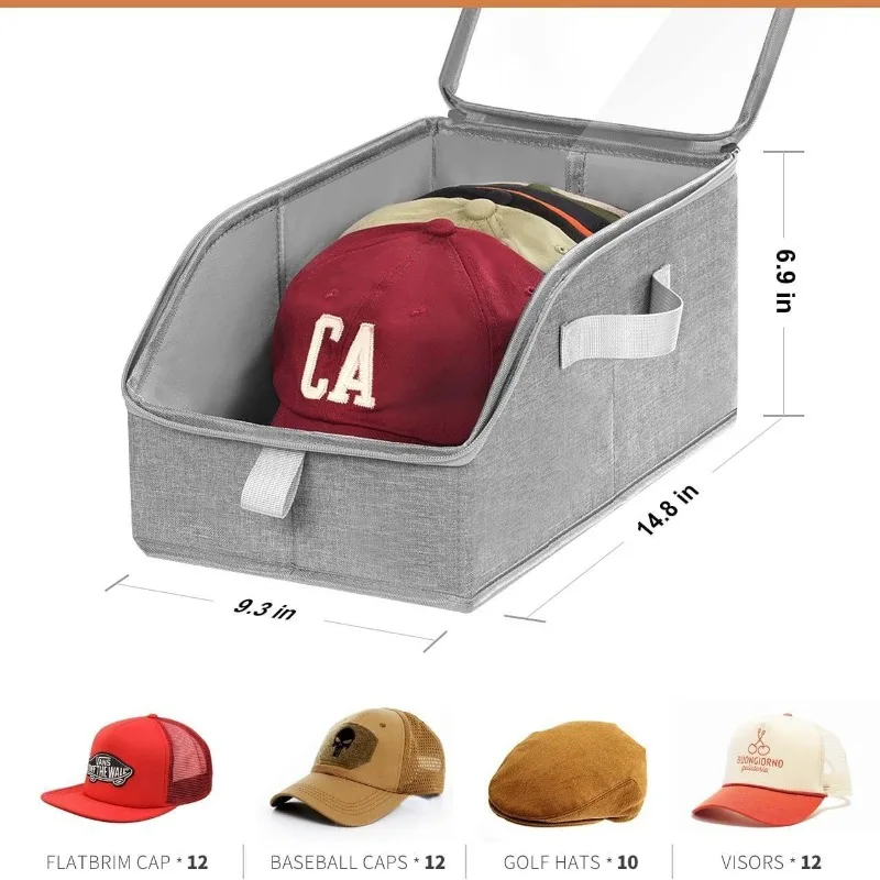 Baseball cap storage box, cap storage basket with transparent window with portable zipper hat storage