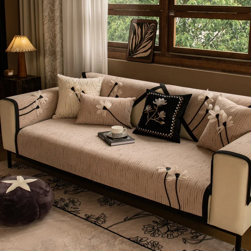 

Solid Color Non-slip Sofa Cover Embroidery Sofa Cushion Towel for Living Room Furniture Decor Slipcover Armrest Couch Cover