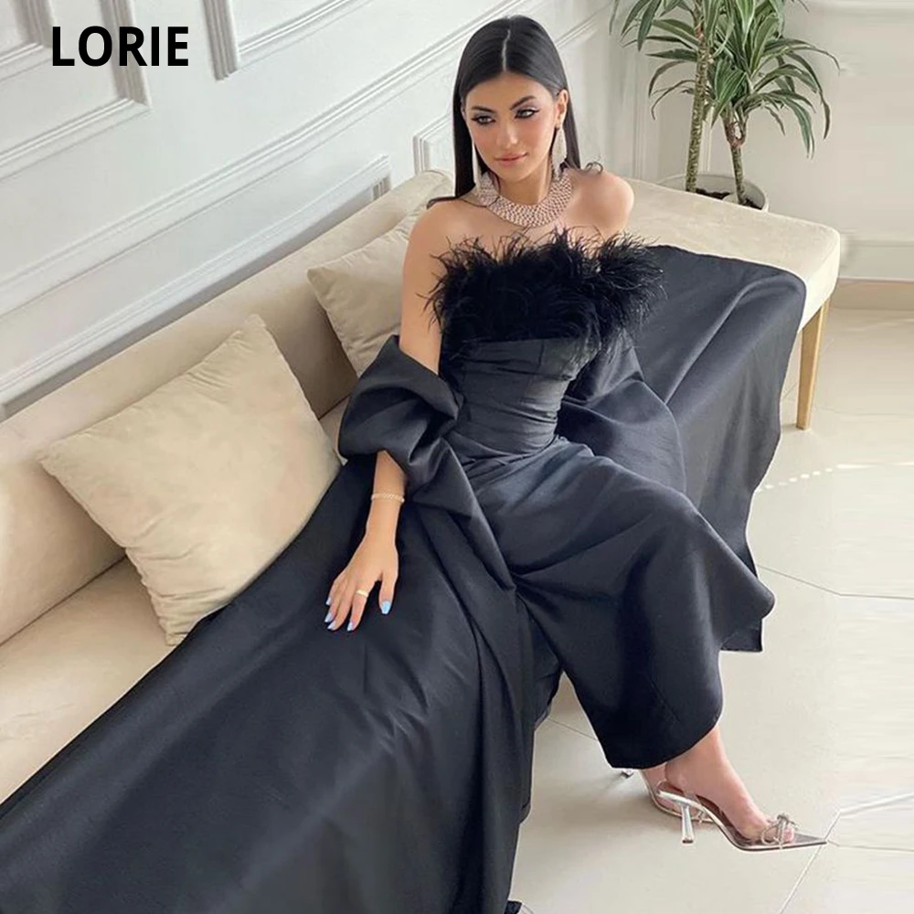 

LORIE Saudi Arabia Mermaid Evening Dresses Black Feathers Short Sleeves Prom Party Gowns Black Robe De Soirée With Long Cape