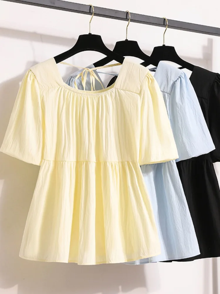 plus Size Square Collar Bubble  Chiffon ort Women Summer Slimming Tummy Covering Doll irt Top