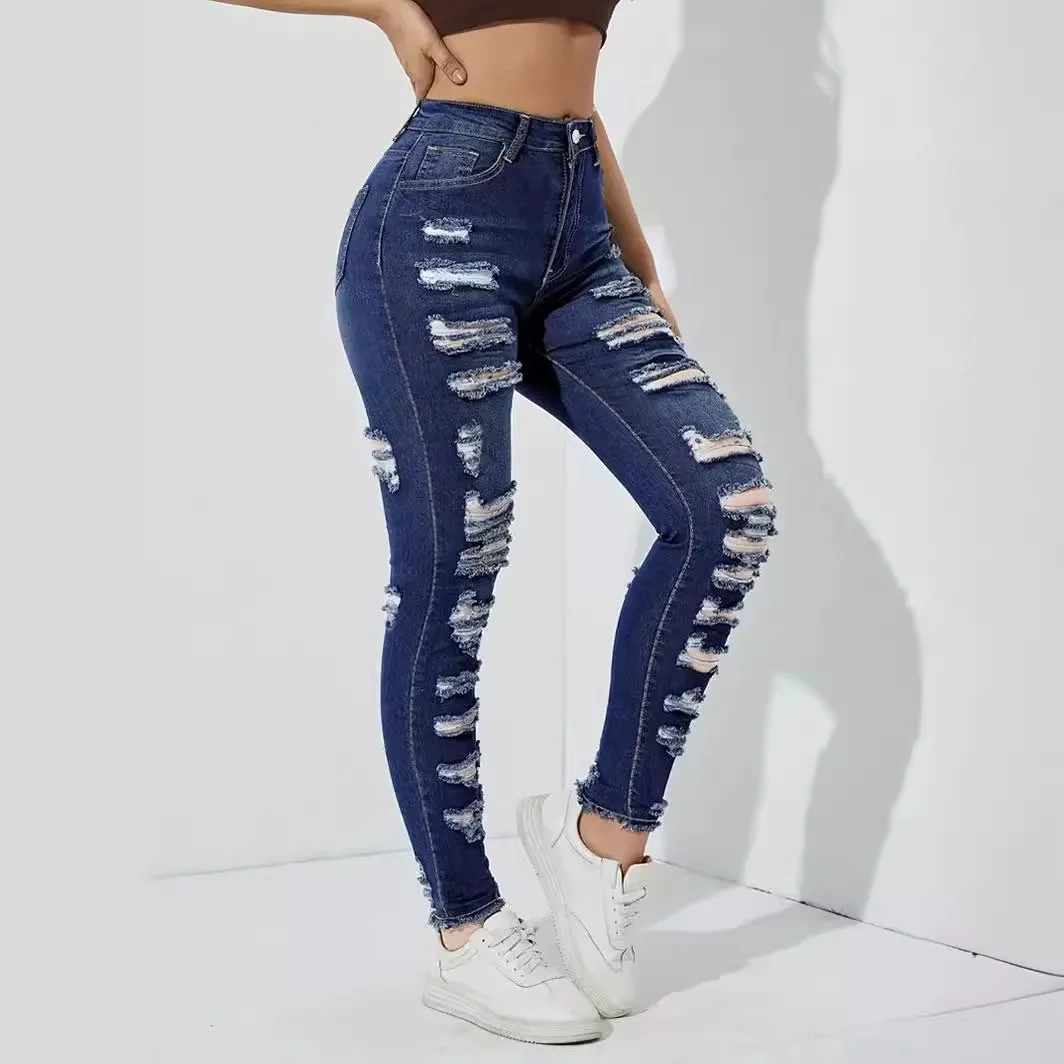 

Women Mom Jeans Denim Long Pants Pencil Pant Hole Sheath High Waist Casual Bodycon Elegant Splice Slim Y2k Straight Trousers