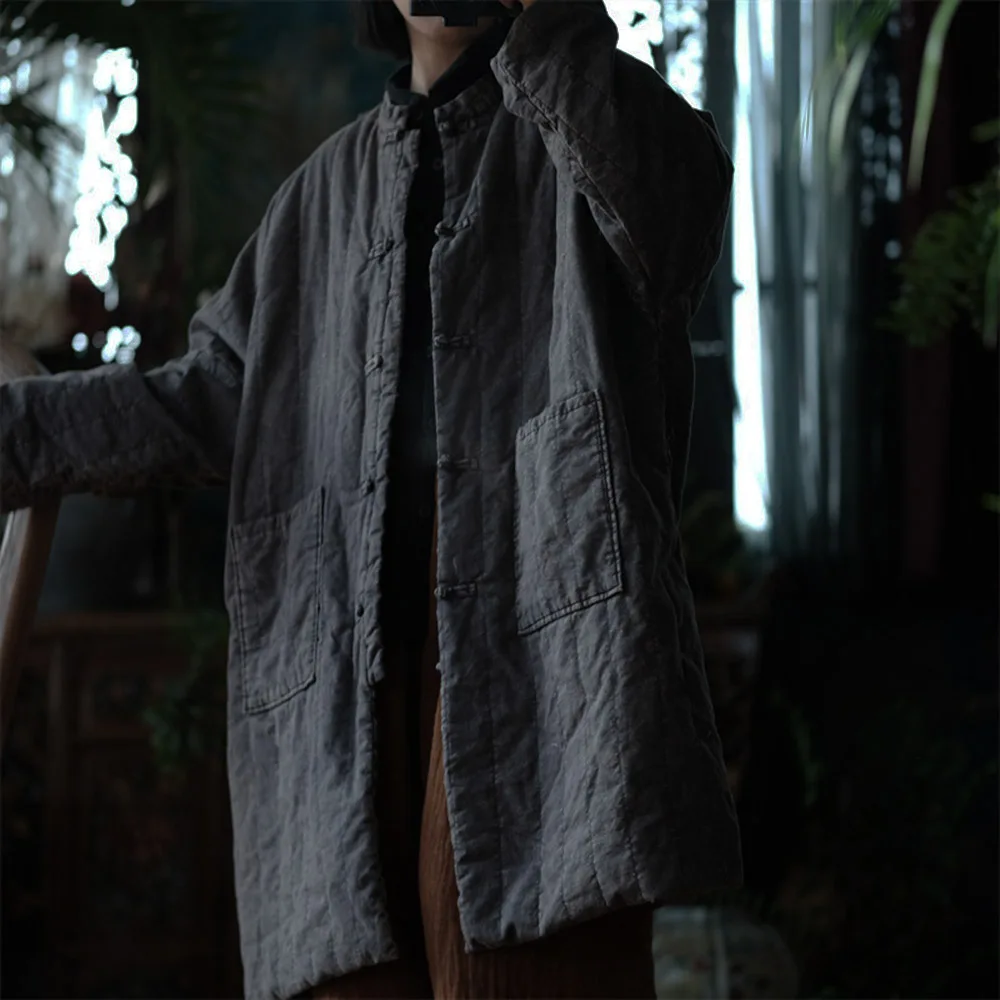 

Women Cotton linen Padded Coats Mid-Length Long Loose Thin Quilted Kimono Chinese Style Frog button Winter Jackets With Pockets