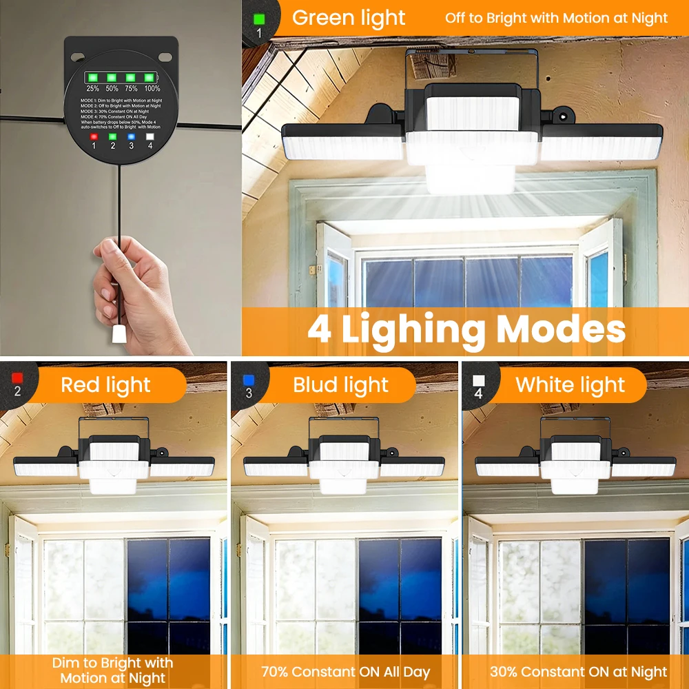 Outdoor Solar Pendant Light 268LED 5-Head 4 Lighting Modes Solar Shed Light IP65 Motion Sensor 5000mAh Battery Capacity Display