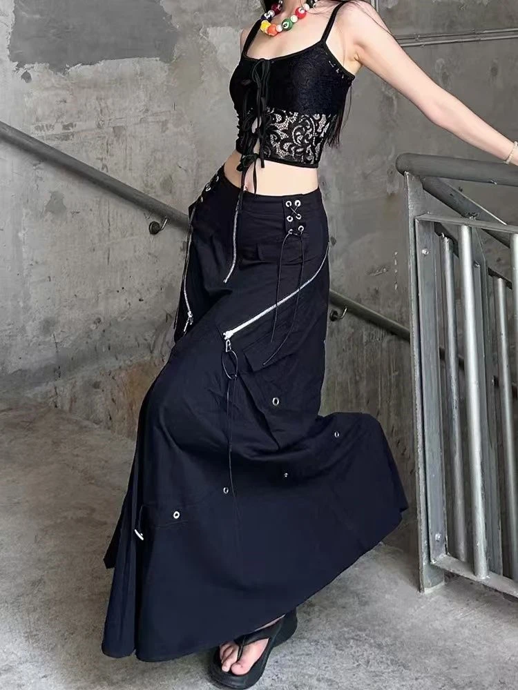 Women's Zipper Design A-line Ankle-length Black Skirt Cool Girl Vintage Fashion Summer Female Straight Loose Cargo Skirts