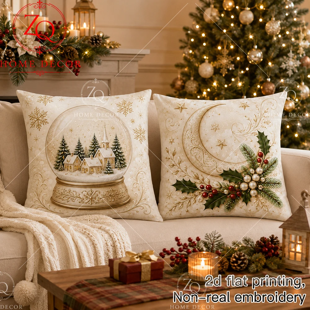 2D Flat Printed Winter Cushion Cover Soft Peach Skin Christmas Pillowcase Snow Globe Throw Pillow Case For Couch Sofa Bed Party
