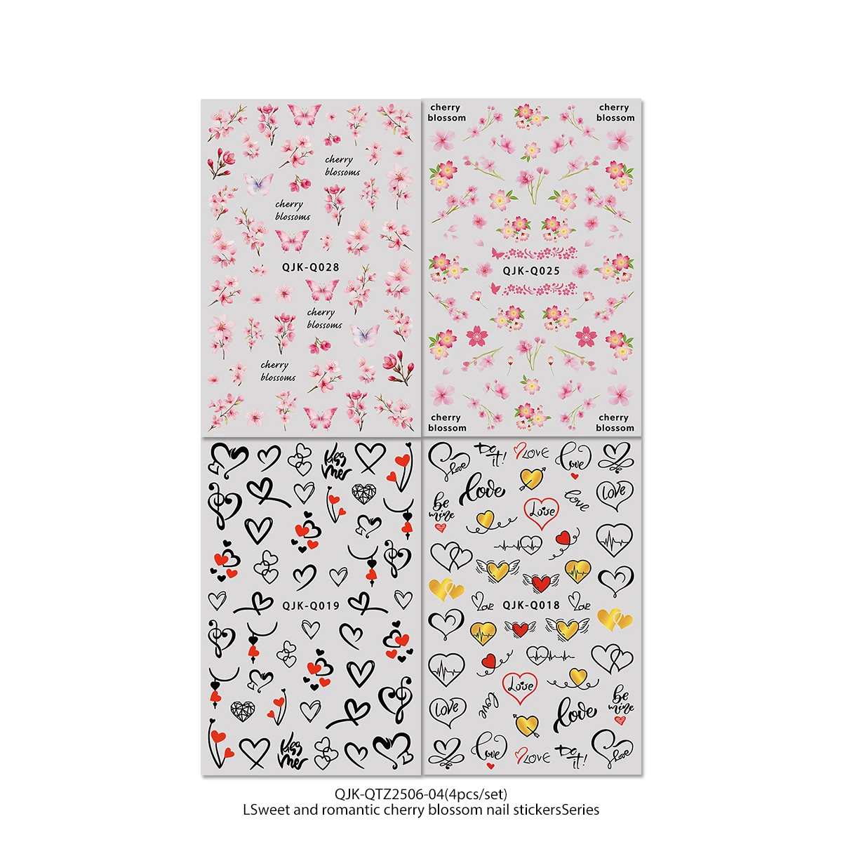 Sweet Heart & Cherry Blossom Nail Stickers, Pink Black Contrast Color Floral Decals, DIY Manicure Decor for Valentine's Day, Spr