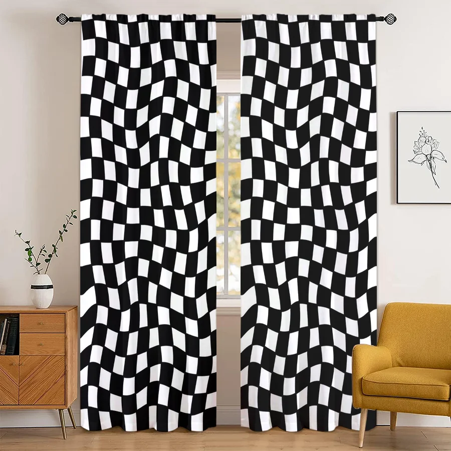 2PCS Digital Print Curtain, Black White Warped Checkerboard Pattern, Modern Geometric Racing Style for Living Room Decor