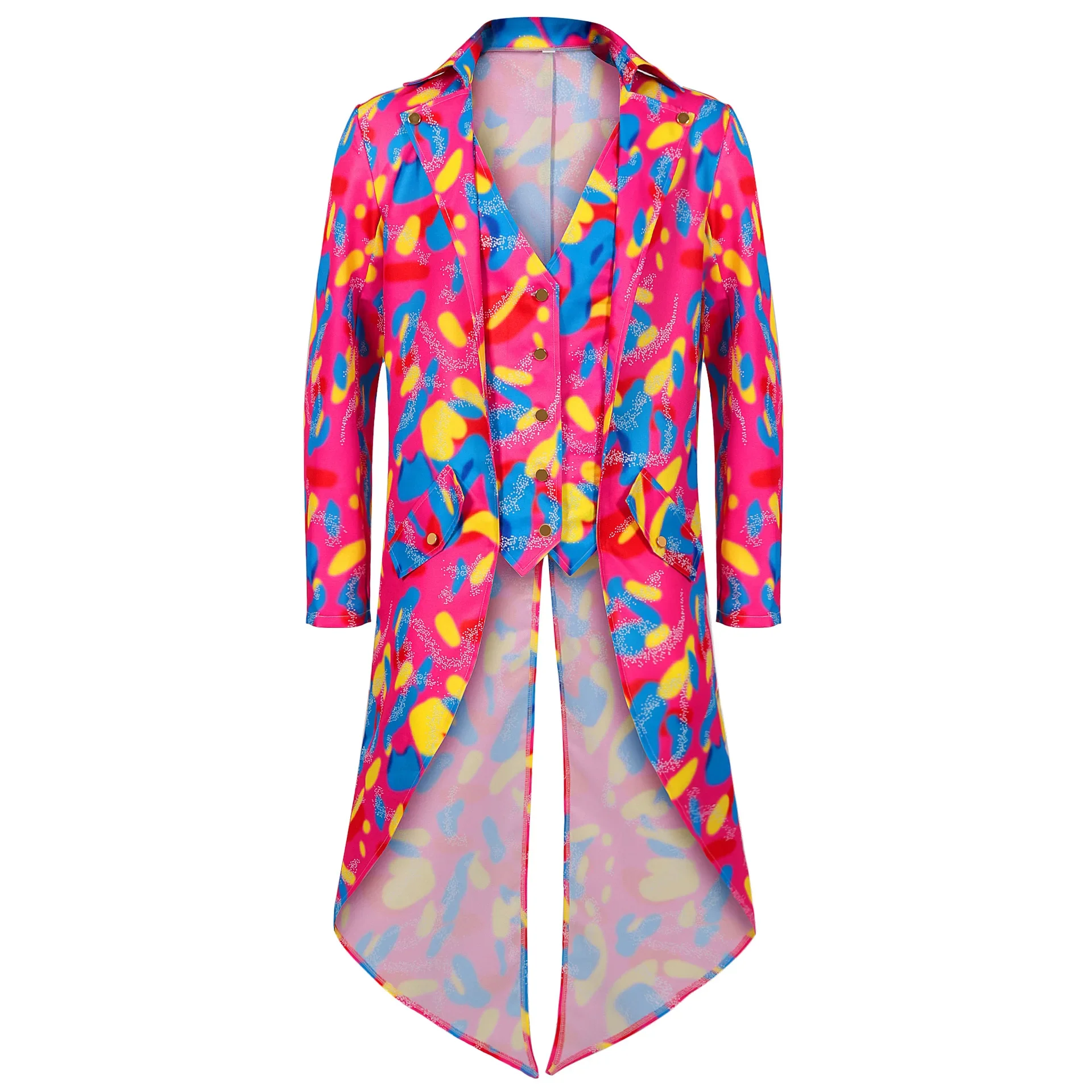 

2025 Men Medieval Pink Tailcoat Vintage Color Printing Cosplay Costume Fashion Colorful Disco Coat Halloween Carnival Party Coat