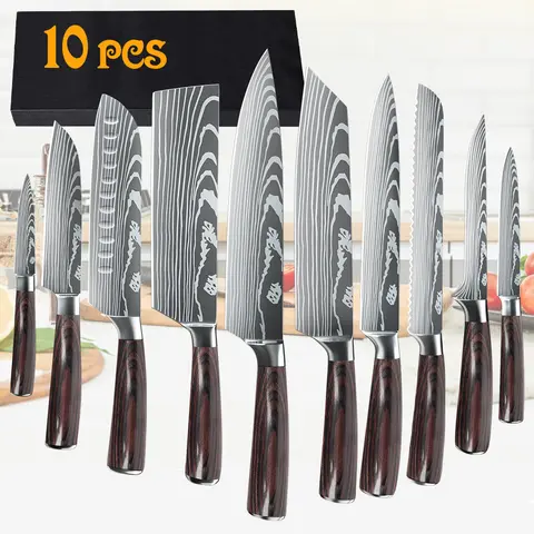 MDHAND 1-10PCS Chef knife Japanese Kitchen Knives Set Professional Laser Damascus Pattern Stainless Steel Cleaver Slicer Knife