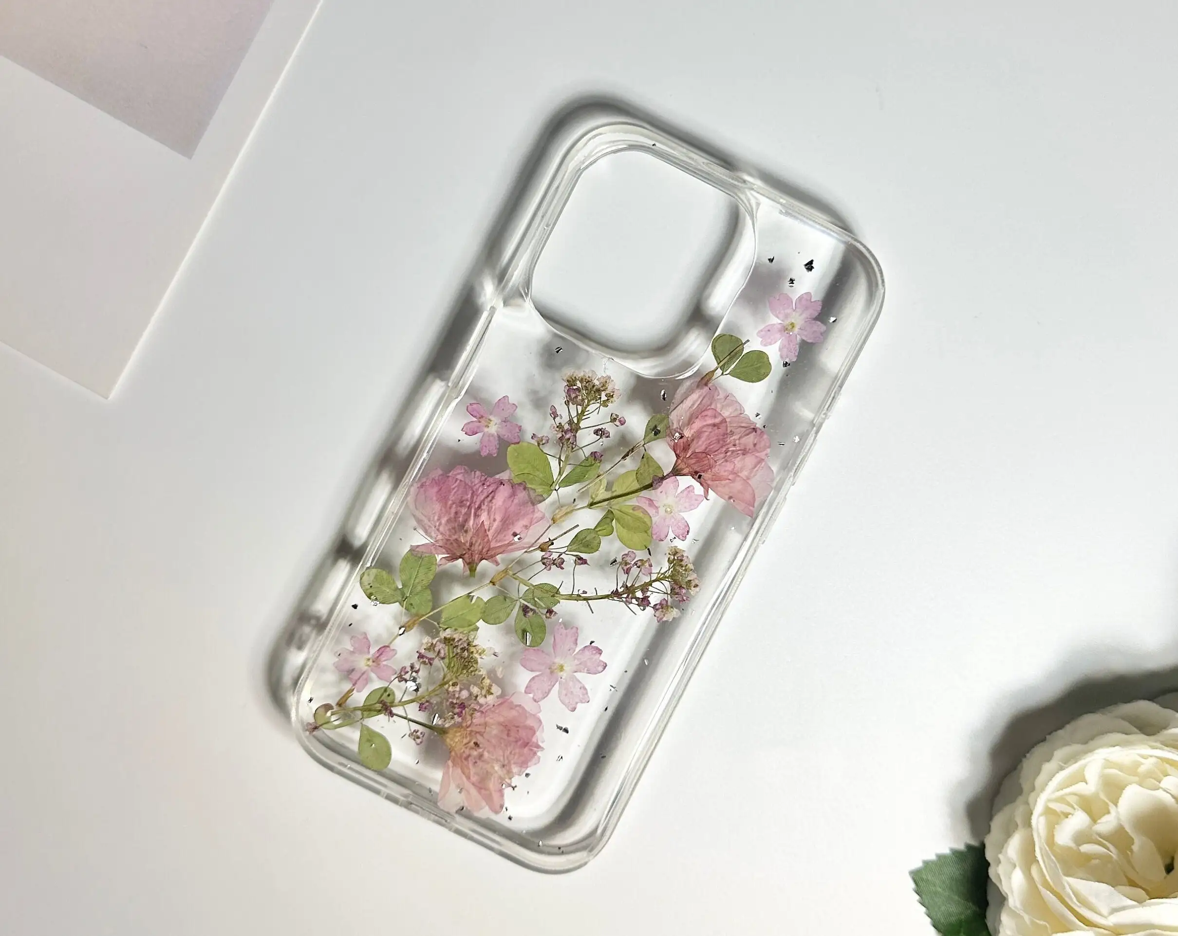 

Pink cherry blossom silver foil embossed phone case for iPhone 16 15 14 13 12 11 Pro Max, cute flower phone case, best gift idea