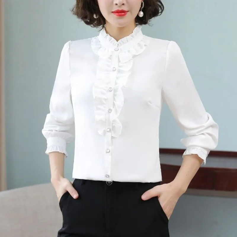 Spring Autumn Women\'s Clothing Standing Collar Patchwork Button Ruffles Solid Color Fashion Commuter Long Sleeve Chiffon Shirt