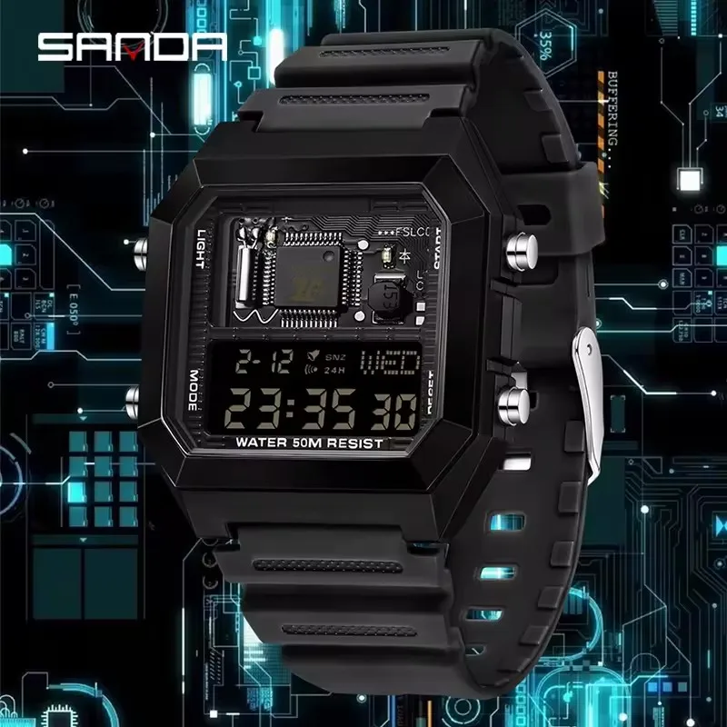 

SANDA 6216, модные мужские электронные часы, будильник, квадратный циферблат, многофункциональный водонепроницаемый календарь, спортивные студенческие часы, подарок