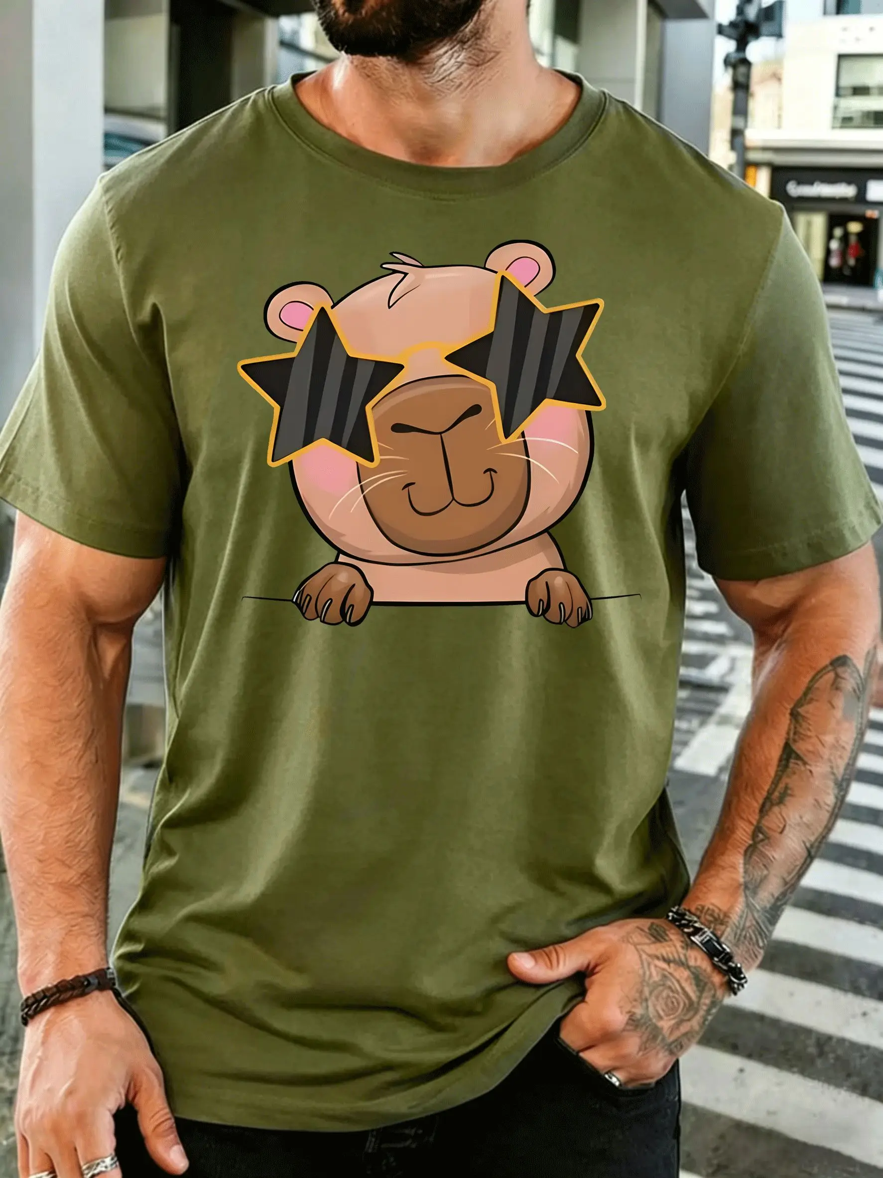Capybara Star Sunglasses Mens Print T Shirt Cool Cartoon Rodent Graphic Tee Casual Short Sleeve Top Animal Lover Gift
