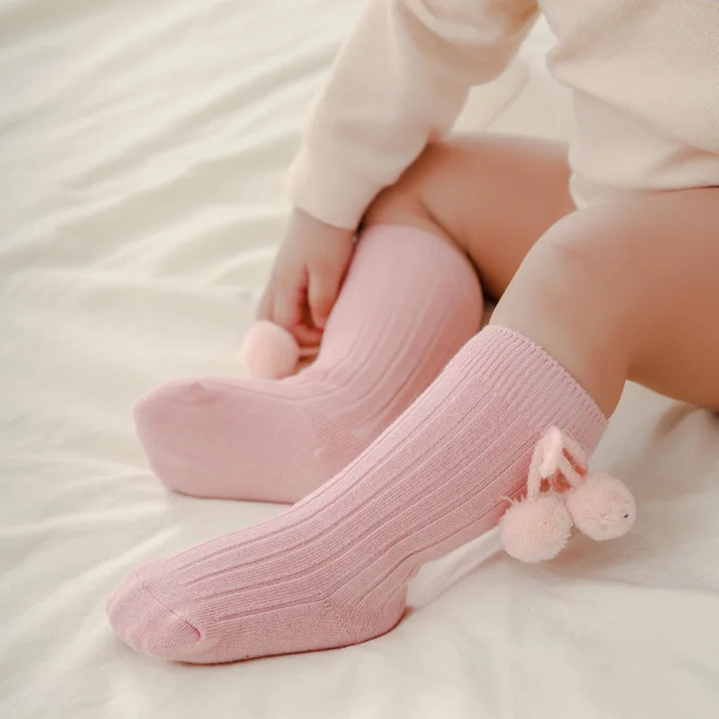 Baby Socks Solid Cotton Soft Long Princess Socks with Cute Pom-Pom Bow Decor Boy Girls Stretchy Warm Cozy Casual Socks Stockings