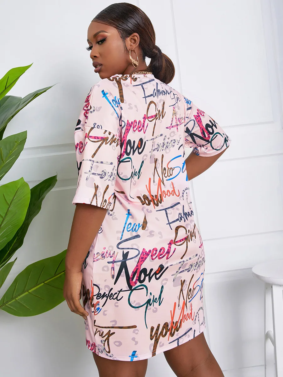 LW Plus Size Graffiti Figure Print Dress Drop Shoulder Streetwear Stretchy Half Sleeve Pullover Boyfriend Tee Lady Outfits