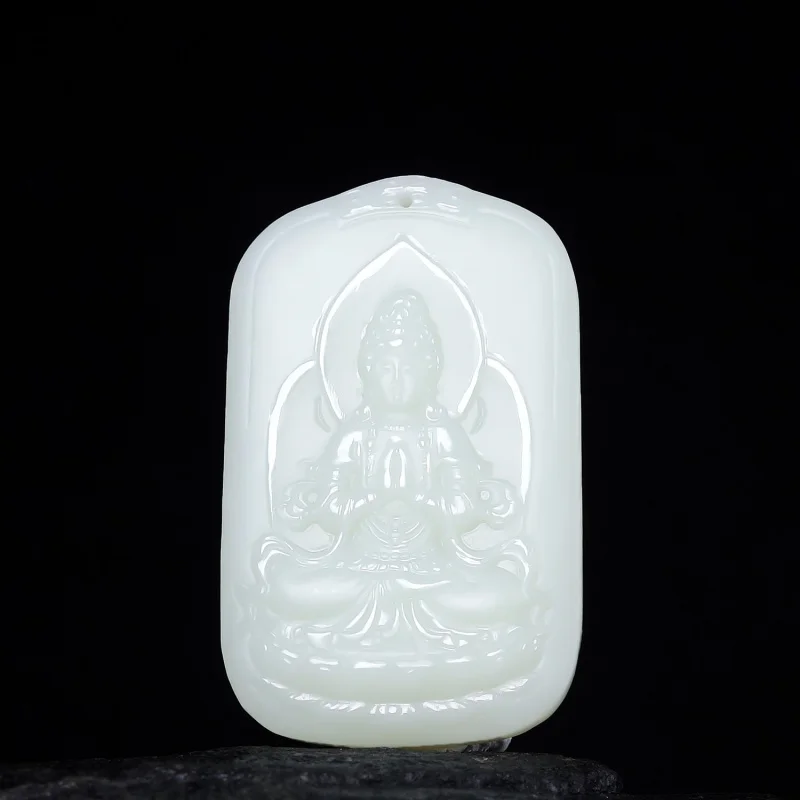 Natural Hotan Men's White Jade Sitting Guanyin Pendant