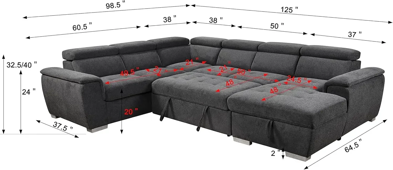 125'' U Shaped Sectional Sleeper Sofa with Pull Out Bed Storage Chaise Lounge and Adjustable Headrest Couches Dark Grey