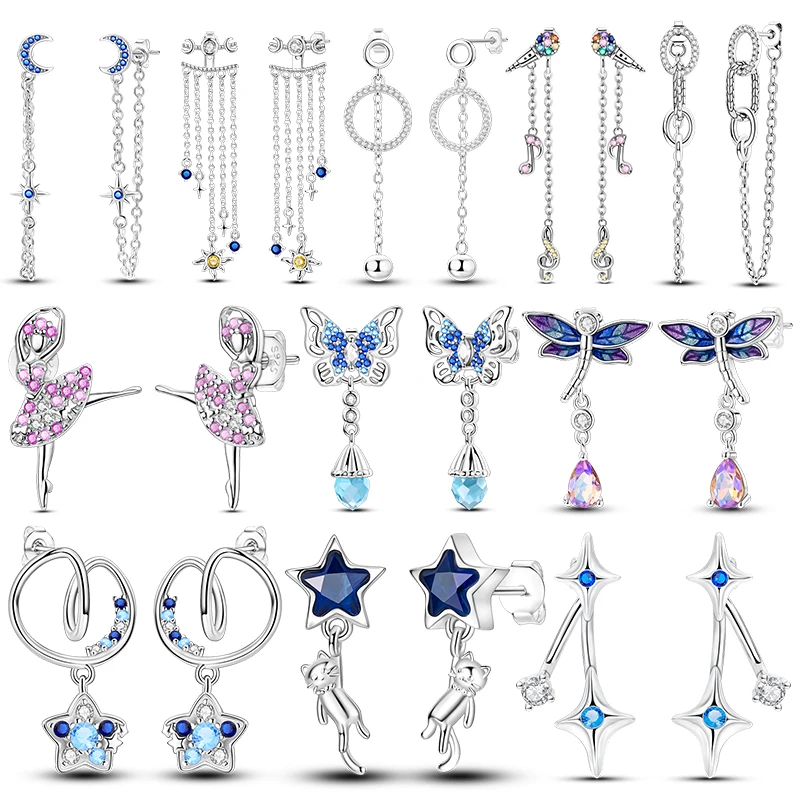 Orecchini pendenti in argento 925 per donna, lunghi con catena a nappa, farfalla, ballerina, stella, luna, cristalli, gioielli alla moda per feste