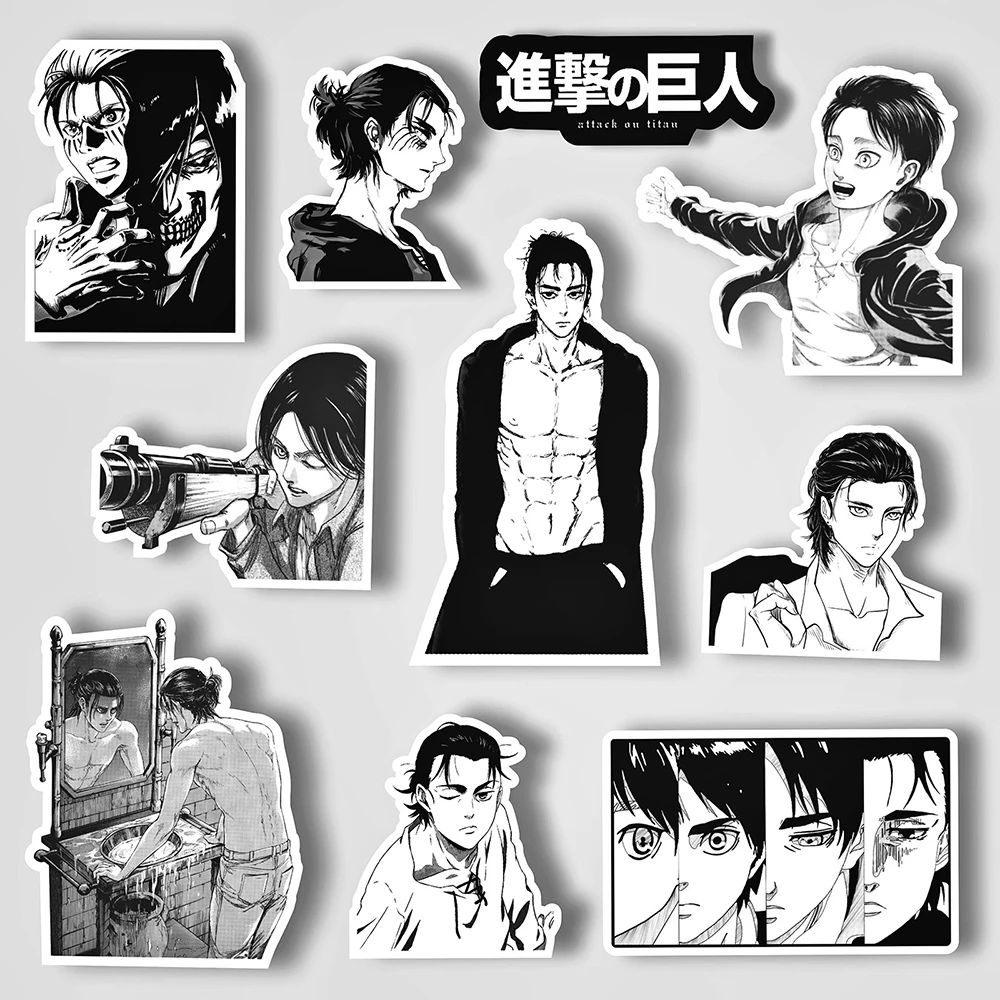 Attack on Titan Eren Jaeger Anime Adesivos, Decalques preto e branco, Notebook, Laptop, Motocicleta, Decoração Legal Etiqueta, Brinquedo, 10 pcs, 30 pcs, 66pcs