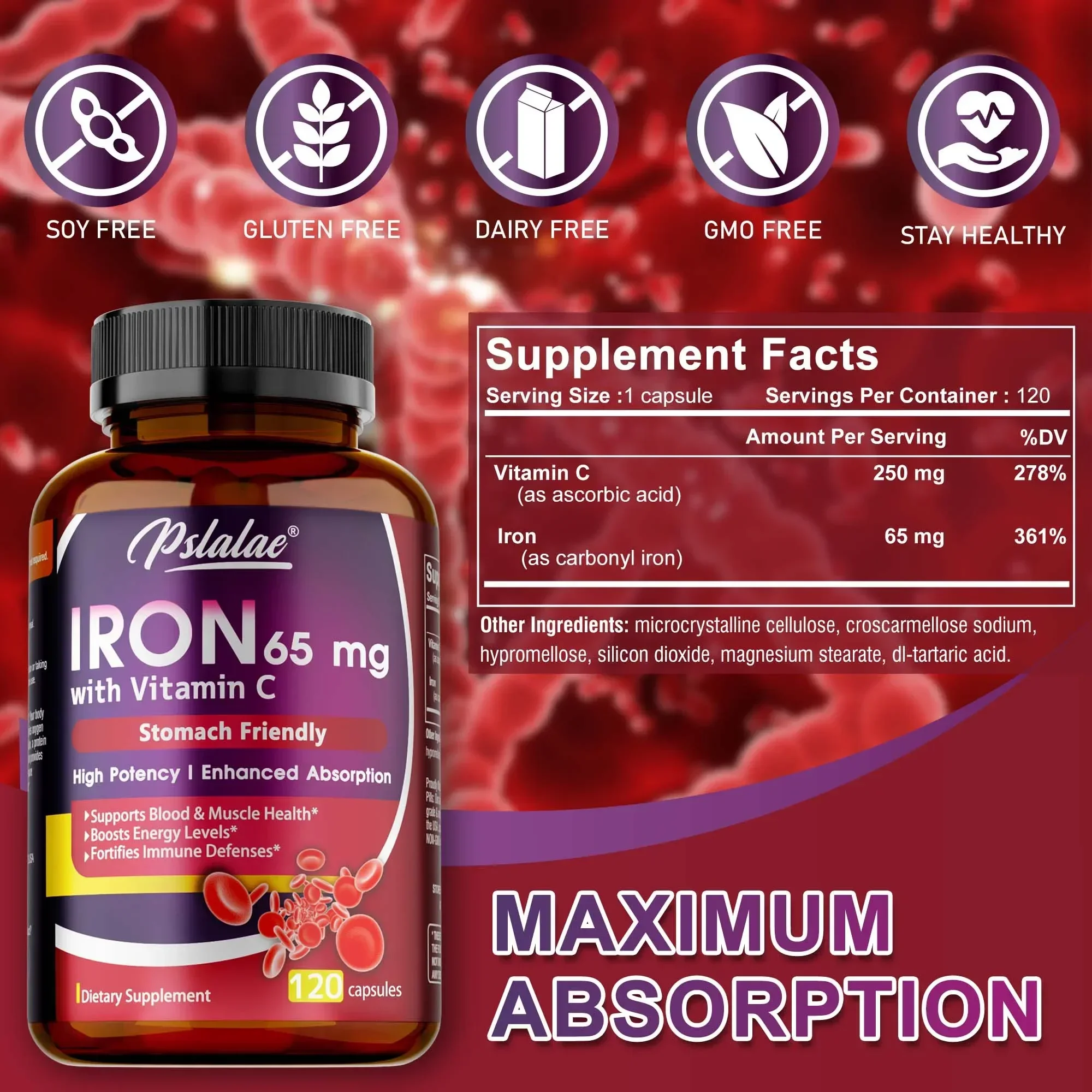مكمل حديد 65 ملجم مع فيتامين C - يزيد من الامتصاص، ويزيد من الطاقة، ويحافظ على جهاز المناعة الصحي وصحة الدماغ