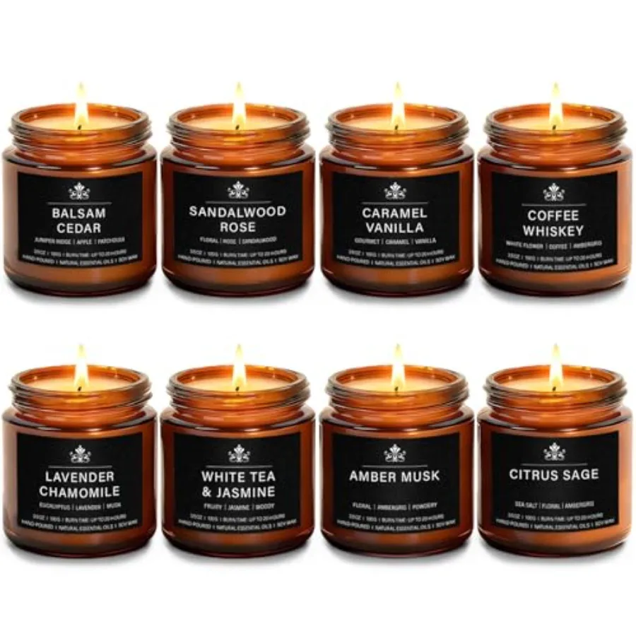 

Набор из 8 ароматических свечей из соевого воска - Лаванда, Ромашка, Цитрус, Шалфей, Амбра, Мускус, Бальзам, Кедр, Кофе, Виски - Долговечный аромат