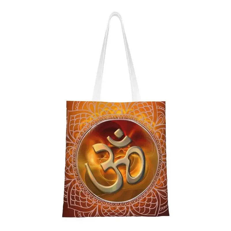 Mandala Om Groceries Shopping Bags Custom Print Canvas Shopper Shoulder Tote Bag Portable Buddhism Aum Yoga Meditation Handbag