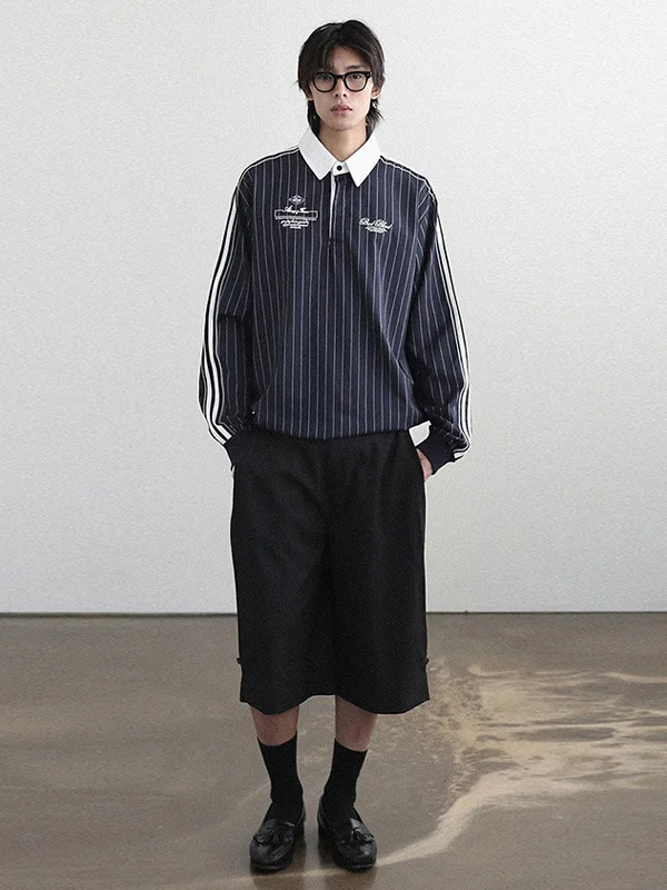 American Sle College Wind Long Sve Collar irt Jaet Patrón de rayas Top casual para mujer Temporada de primavera Mezcla de algodón