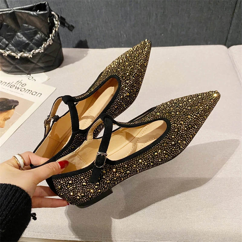 

ZOOKERLIN Pointed Rhinestone Sequin Rivet Metal Decoration Women Pumps Buckle Hollow Flats Shoes Fashion Shiny Bling Woman Shoes