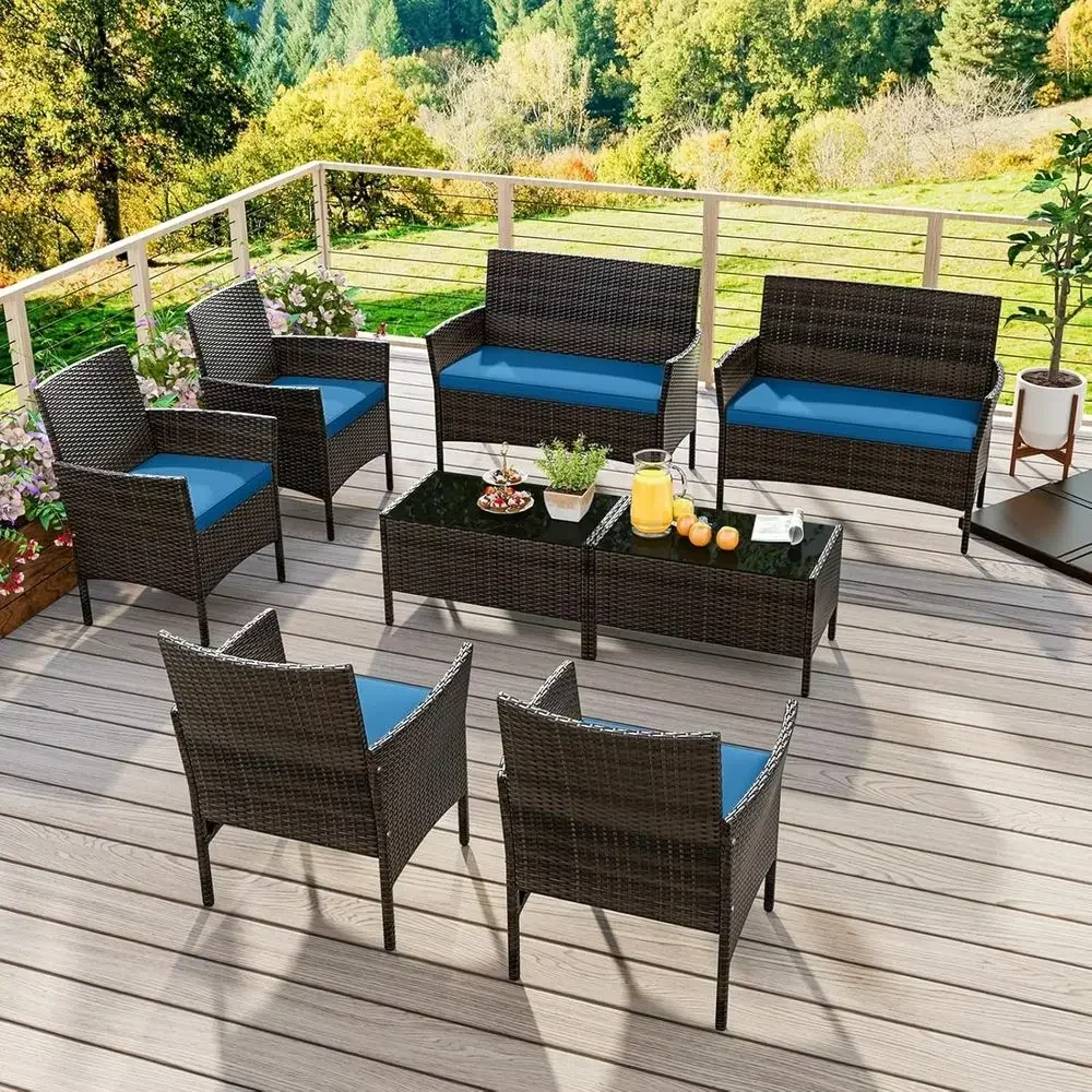 8-Piece Outdoor Peacock Blue Rattan Patio Furniture Set with Loveseat, Chairs, and Glass Table