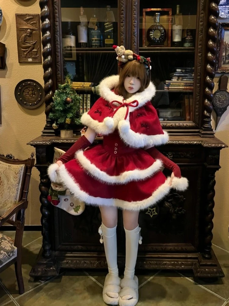 

Winter Sweet Lolita Christmas 2 Piece Sets Women Elegant Faux Fur Cape Coats + Cute Party Mini Dress Y2k Fashion Kawaii Outfits