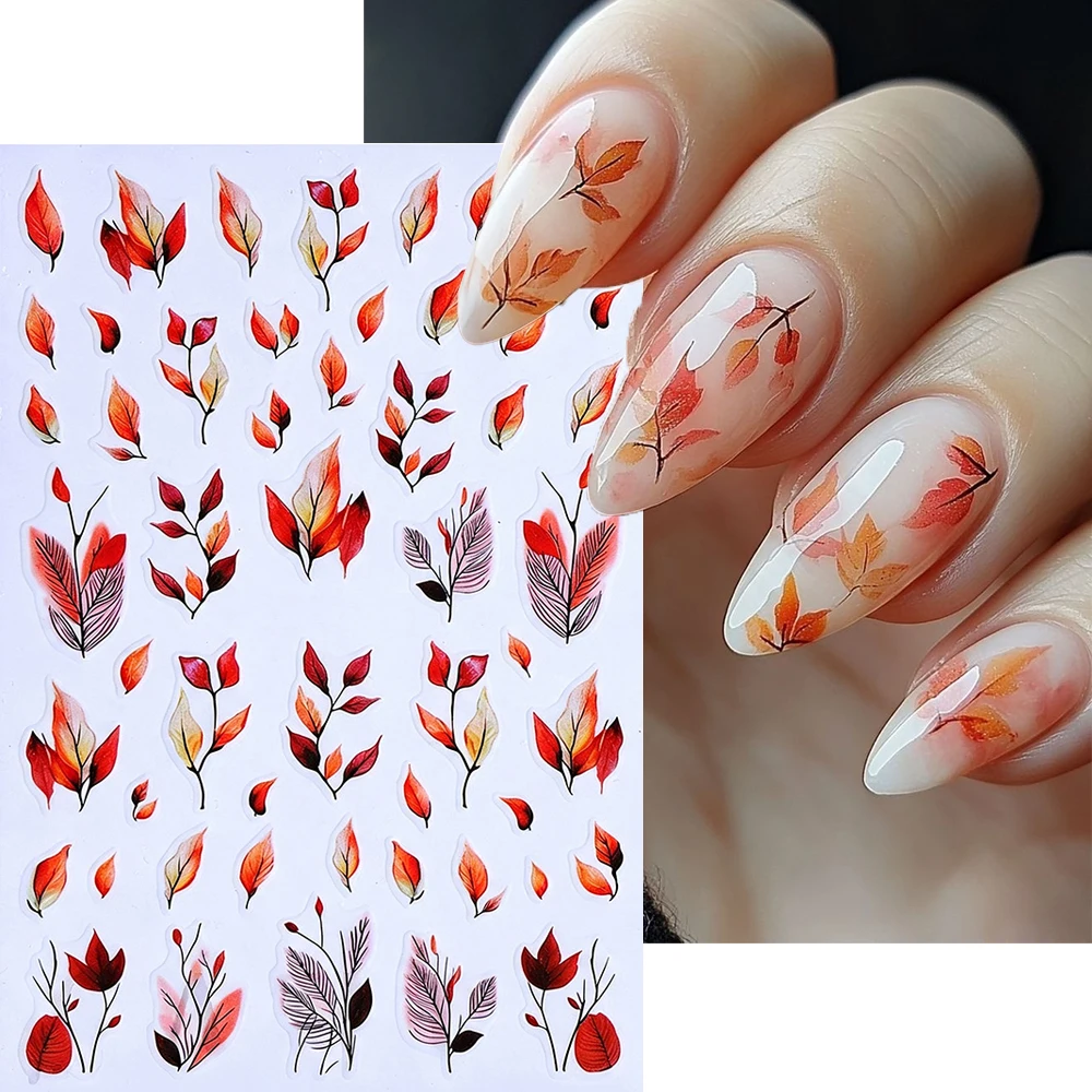 1pcs Autumn Gradient Maple Leaf Nail Art Sticker 3D Watercolor Fall Leaves Self-adhesive Nail Decals Fall Winter Manicure Decora