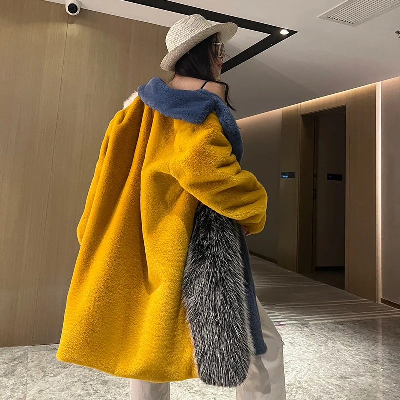 2023 Winter Faux Fur Jackets for Women Furry Warm Splicing Contrast Color Blue Yellow Fluffy Coat Long Jacket Women Overcoat