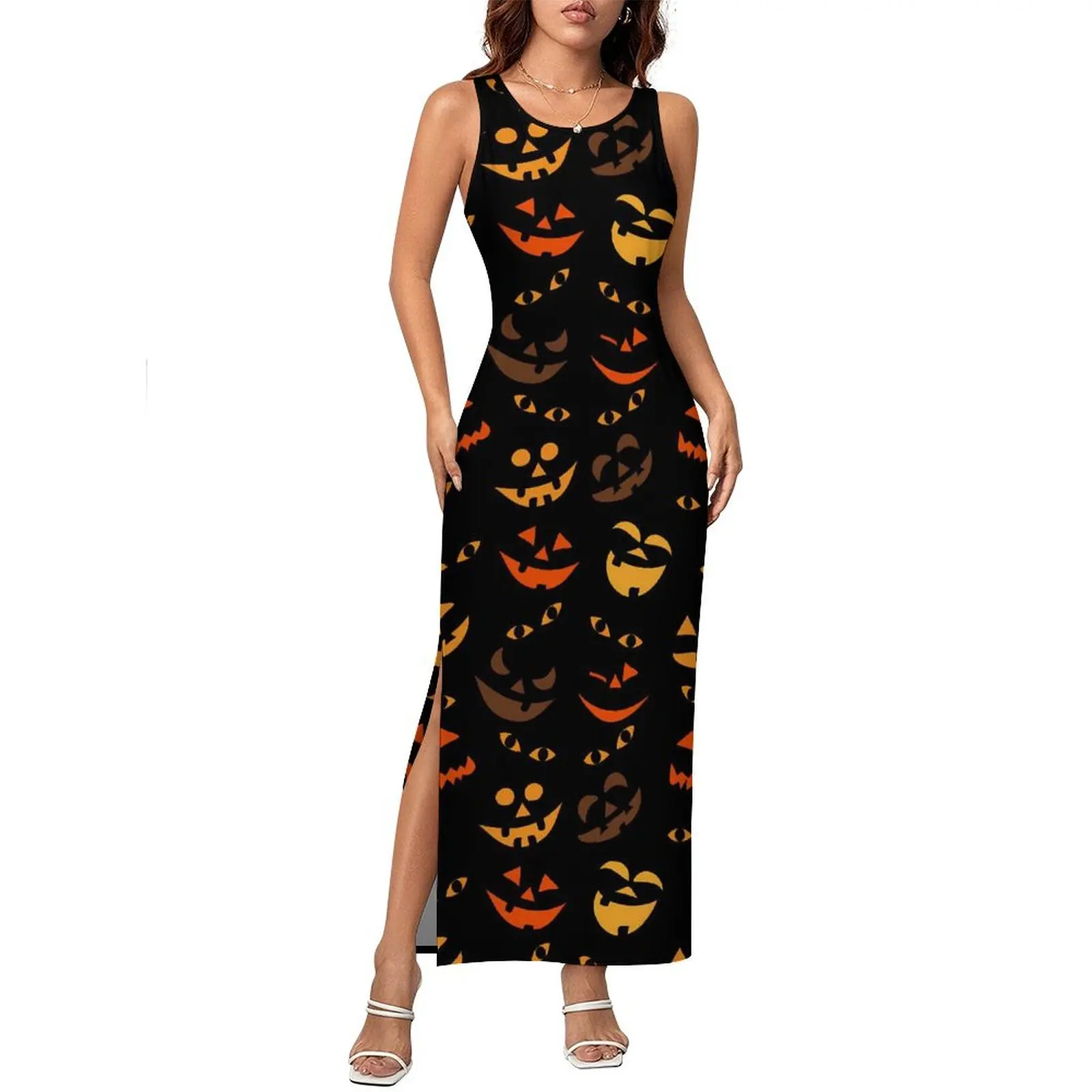 Pumpkin Print Dress Sleeveless Halloween Faces Night Club Maxi Dresses Summer Y2K Fashion Custom DIY Bodycon Dress Large Size