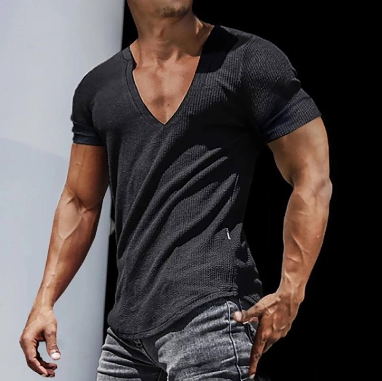 Mens Knitted T-Shirts Stylish V-Neck Short Sleeved Slim Tee Tops Classic Solid Color Muscle Bodybuilding Tees Leisure Streetwear