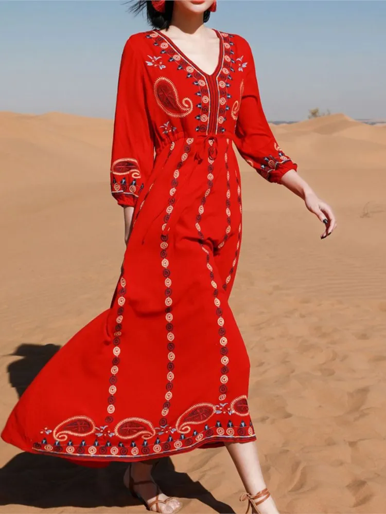 Jastie V-Neck Retro Folk Style Embroidery Dress Boho Hippie Tie Waist Casual Beach Long Holiday Dress Women Vestidos 2025 Spring