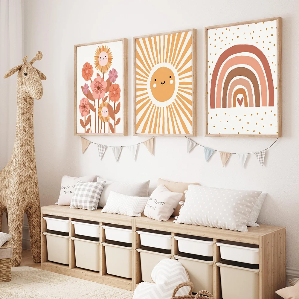 Juego de 3 carteles de dibujos animados para decoración de habitación de niños y niñas · Póster creativo de regalo Rayos de sol Flores Nubes de arco iris Arte en lienzo