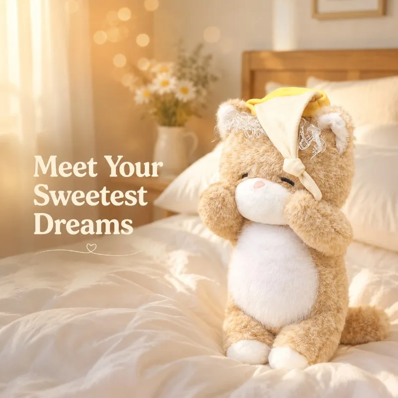 

Soft Sleepy Cat Plush Toy Cute Stuffed Animal with Nightcap Ultra Soft Cuddly Pillow for Kids Bedtime Companion Birthday Gift