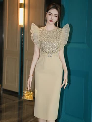 Fashion Elegant Sparkly Sequins Evening Dress Women Clothes Cute Sweet High Waist Midi Robe Female Party Prom Banquet Vestidos