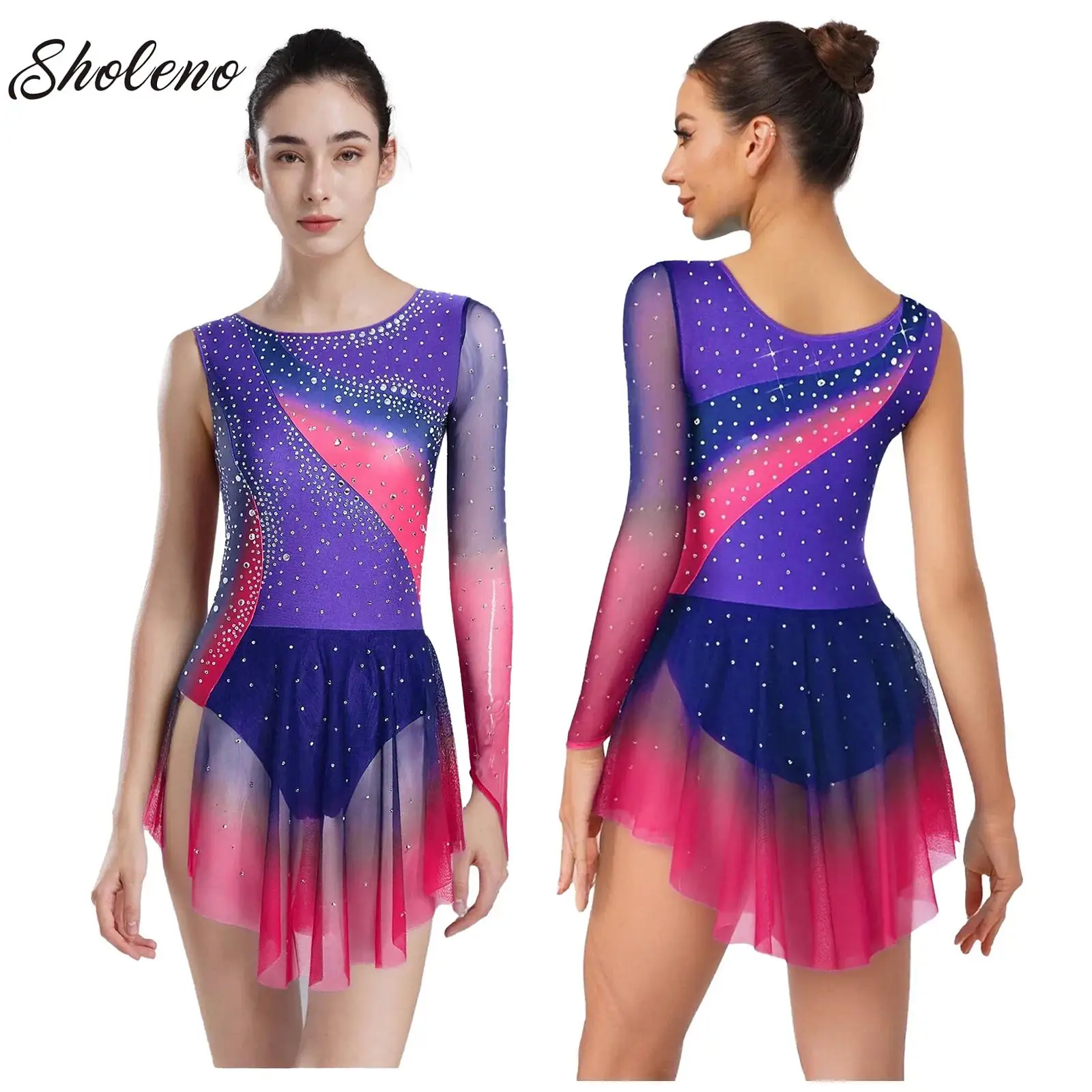 

Womens Ballet Jersey Dance Figure Skating Rhythmic Gymnastics Leotard Tutu Dress Shiny Rhinestones Gradient Ballerina Dancewear