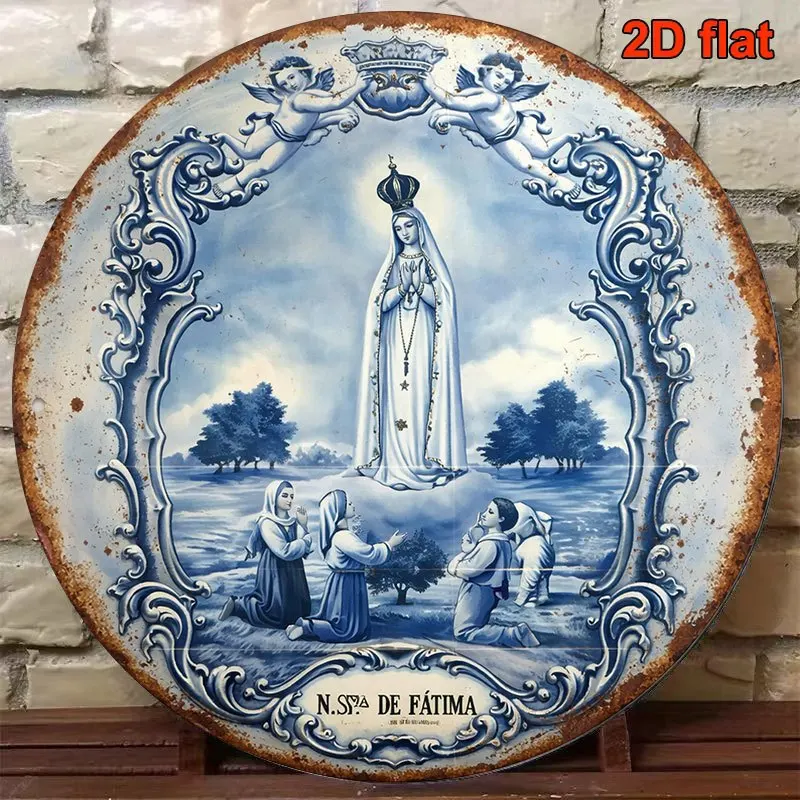 1pc 2D Round Aluminum Sign 8x8in 20x20cm Virgin Mary Fatima Retro Metal Plaque for Living Room Church Decor Gift