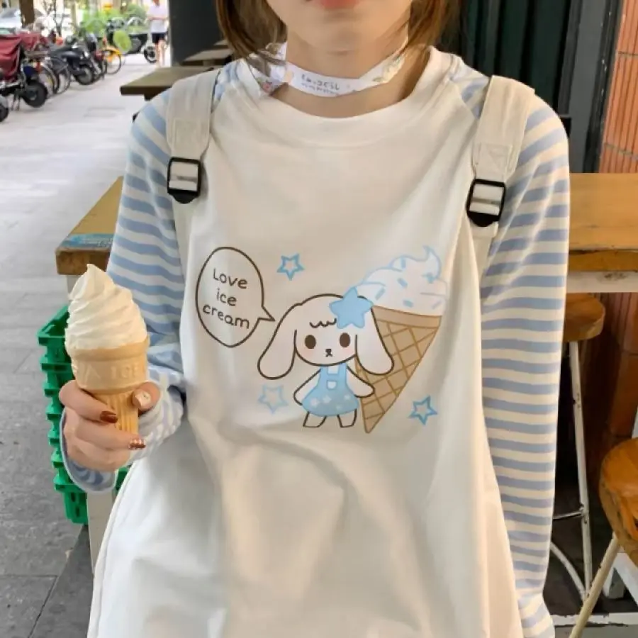 かわいいブルーストライプパッチワークソフトガール長袖Tシャツ春秋プレッピースタイルカジュアルルーズ漫画オーバーサイズTシャツ