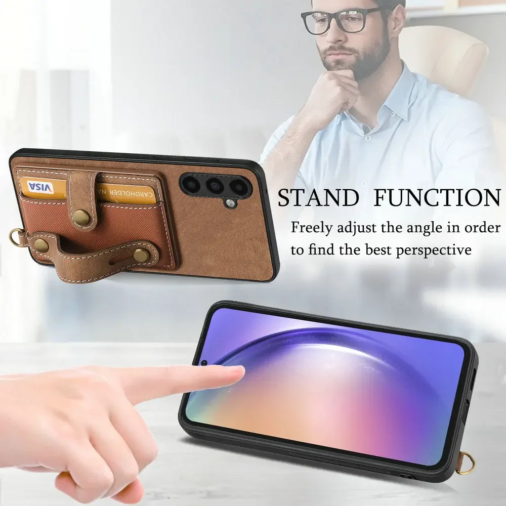 A06 A16 A35 A55 5G 2024 Luxury Case Wristband Leather Card Coque for Samsung Galaxy A15 A 35 55 A05S A 05 15 16 06 4G Back Cover image 3