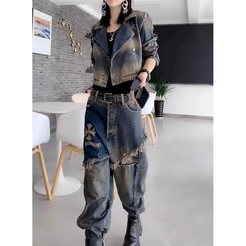 Fashion Cool Denim Set Women Autumn Trend Popular Set Personality Lapel Washed Jean Jacket Harun Pants Fried Street 2 Piece Suit